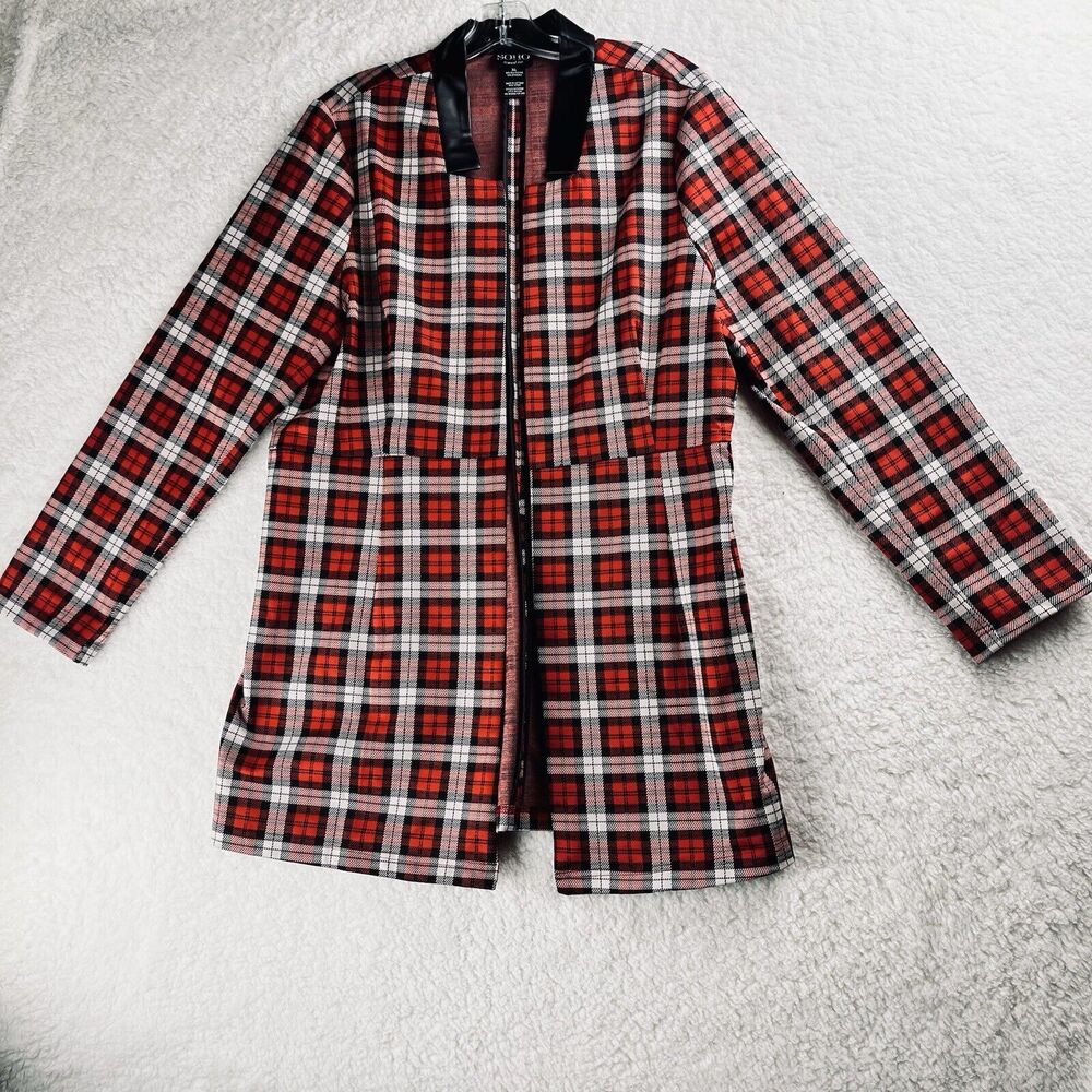Long Line Fitted Blazer Red Plaid Faux Leather Collar Size XL Soho Apparel Ltd